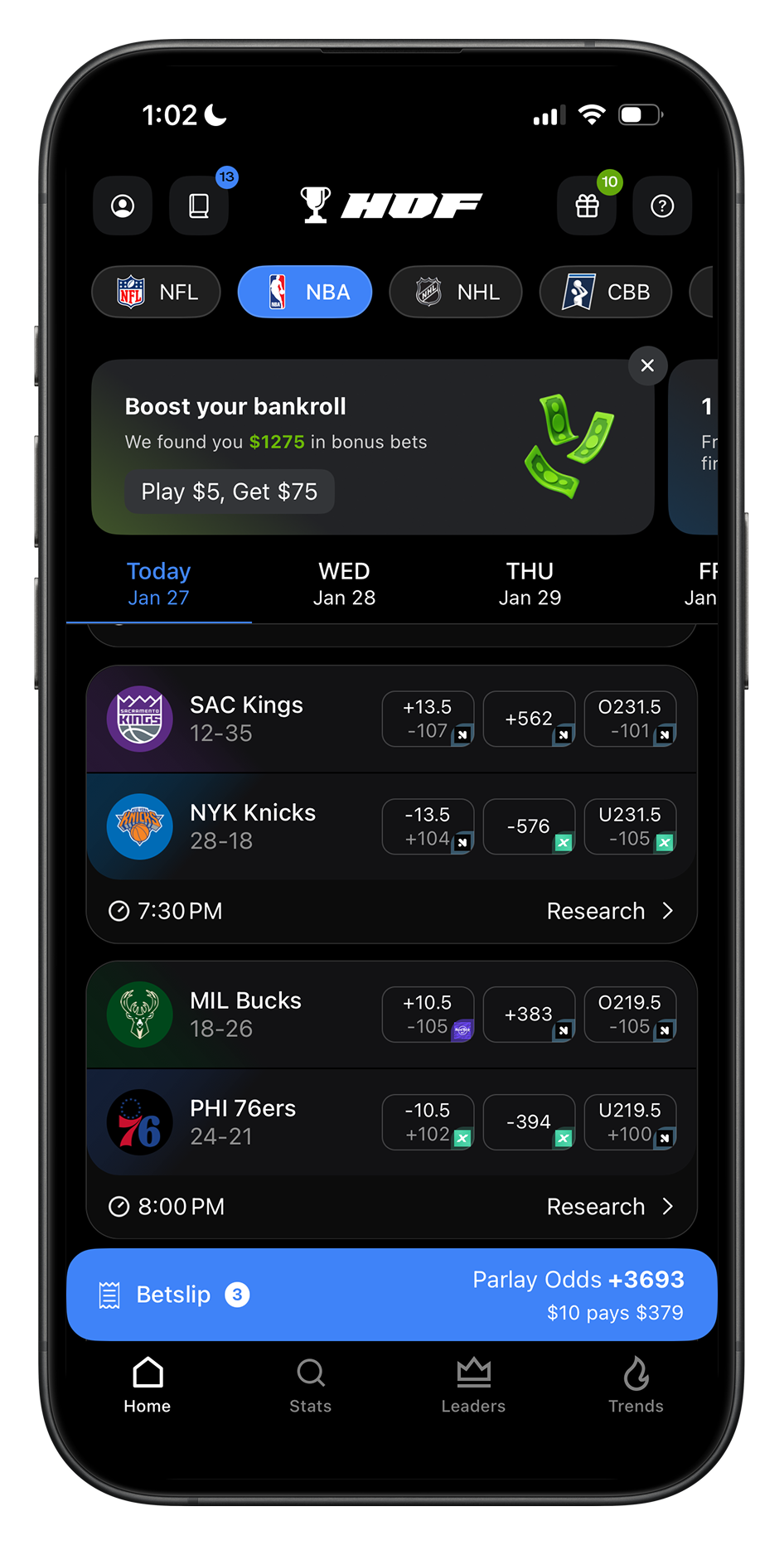 HOF Parlay odds sticky betslip mockup